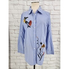 Talbots Top Coastal Beach Pinstripe Floral Embroidered Cotton Button Down Large
