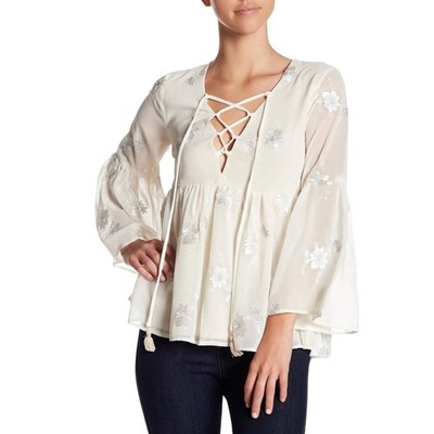 Show Me Your Mumu Floral Embroidered Lace Top Bell Sleeve Peasant Boho Coquette