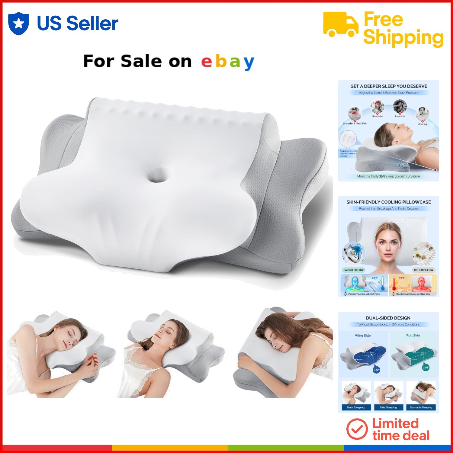 Cervical Memory Foam Pillow for Neck Pain Relief Cooling Ergonomic Support