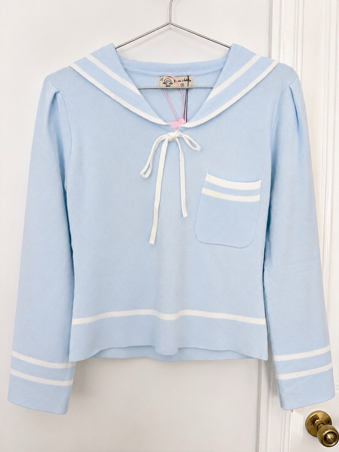 Suéter tejido cuello marinero azul pastel para mujer manga larga preppy Kawaii Top