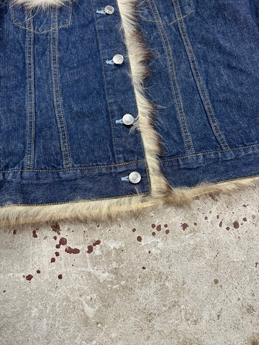 Vintage Y2K Real Fur Denim Trucker Jacket Jeans Archive Trim - Picture 4 of 16