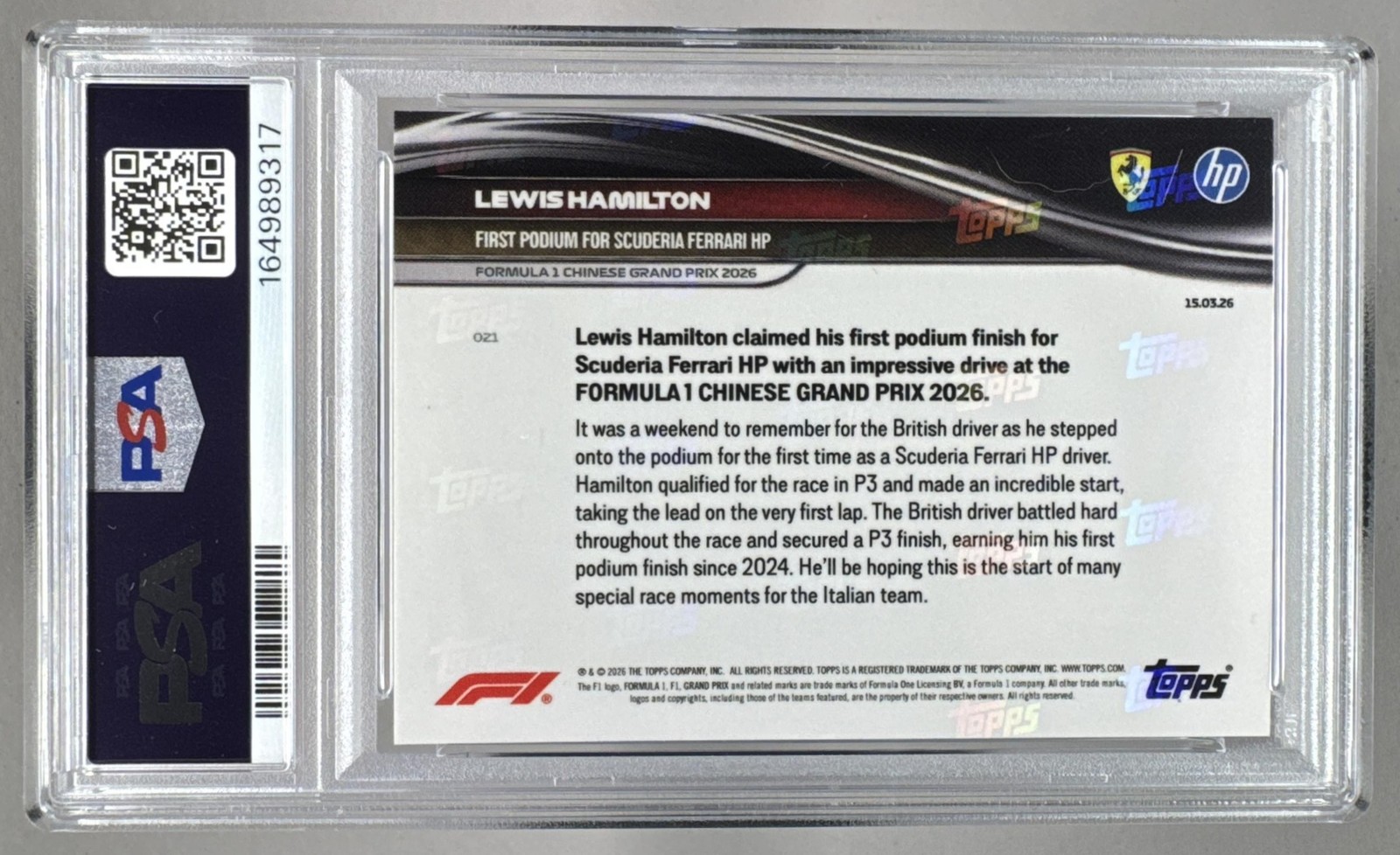 164989317 Lewis Hamilton 2026 Topps NOW F1 #021 PSA 10 view 2