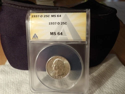 1937-D WASHINGTON QUARTER ANACS CERTIFIED MS--64 GREAT BRIGHT WHITE BU COIN #377