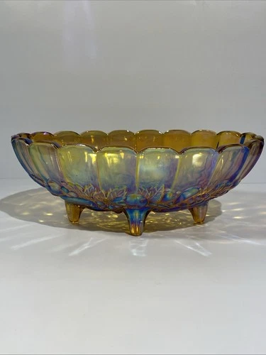 Vintage Indiana Glass Footed Amber Color Harvest Grape Carnival Glass Fruit Bowl