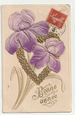 Old postcard fantasy relief HAPPY YEAR Iris golden heart. BLUE FLAG GOLDEN HEART.  1907