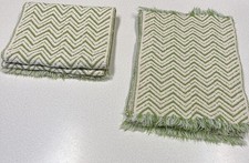 VTG Table Runner 6 Matching Placemats Woven Green  White Chevron Pattern Fringe