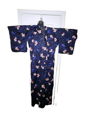 Japanese Kimono Black W/ Kio fish Print comes with Ribbon Obi 1 Size