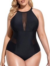 Daci Swimsuit New Women's Plus Size 22W Black One Piece Mesh Plunge Neckline