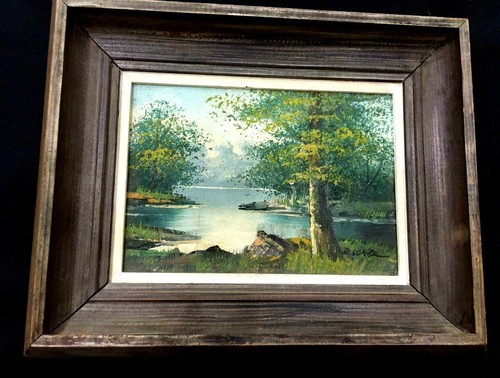 Vintage Old Picture Art Hand Painted Oil Painting Large Trees River Land Escape - Picture 8 of 10