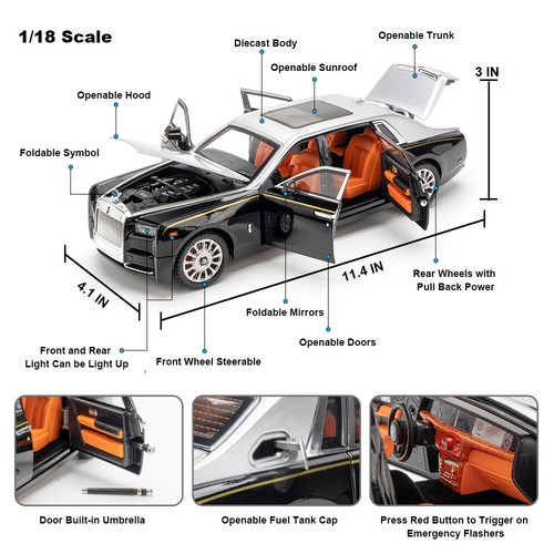 1:18 Scale Rolls-Royce Phantom Diecast Vehicle Model Car Toy Collection Gift - Picture 2 of 18