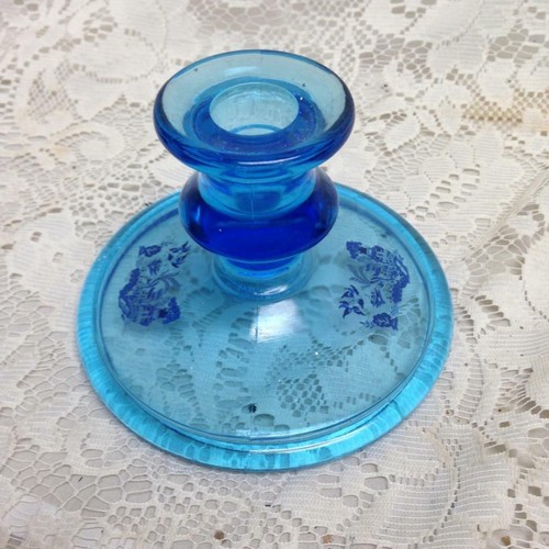 Vintage, Blue Willow, Clear Blue Glass Candle Stand 4in H x 5in D - Picture 2 of 6