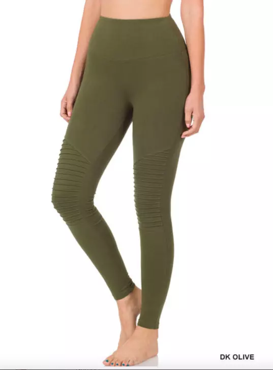 NEW Cotton Stretch Full Length Moto Leggings Wide Waistband- Olive- M-L-XL