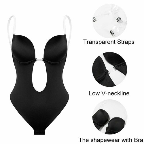 Women's Deep V Bodysuit Backless U Plunge Body Shaper Thong Shapewear Padded Bra - Picture 7 of 16