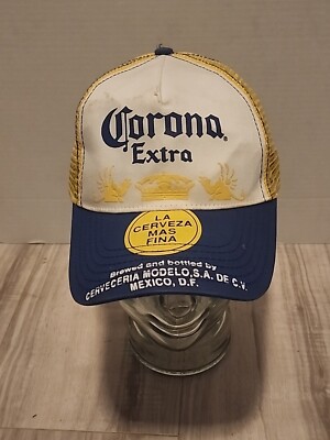 Corona Extra Mens Mesh Trucker Hat Yellow/Blue Snapback Throwback Beer Logo 