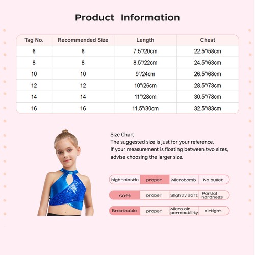 Kids Girls Blouse Sleeveless T-shirt Sequin Tops Latin Crop Top Gymnastic Vest - Picture 14 of 48