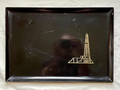 Vintage COUROC OF MONTEREY Oil Derrick Black Serving Tray - 18'' x 12.5''