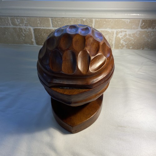 Vintage Wooden Nut Cracker Bowl with Hinged Lid Handcrafted Walnut Shaped Medium - Picture 3 of 8