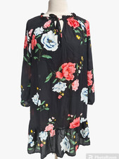 OLD NAVY Women Sz M Black Floral Ruffle Mini Dress Tie Crew Neck No Camisole 26P