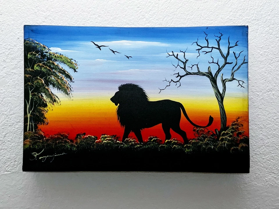 Löwe handgemaltes Wandbild mit Rahmen Leinwand 50 x 32,5 cm Löwen aus Südafrika - Bild 1 von 1
