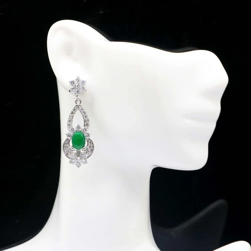 Buy 3 Get 1 Free Real Green Emeraies White CZ Woomen Wedding Silver Earrings - Image 3 of 3
