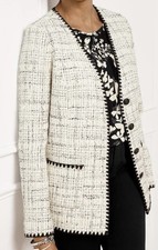 Talbots Women s Size 14 Ivory Tweed Black Trim Cotton Blend Four Button Blazer