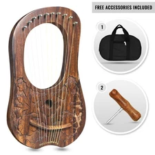 Lyre Harp 10 Metal Strings- Engraved Floral Design with Bag & Tuning Key