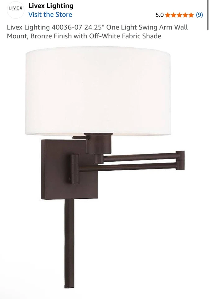 Lámpara de pared Livex Lighting brazo oscilante bronce con pantalla de tela blanca apagada Foto 3 de 3