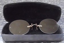 ANTIQUE/VTG RIMLESS PINCE NEZ 1/10 12K GF GLASSES OVAL LENSES ORIGINAL CASE