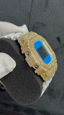 Custom Moissanite G-Shock DW-5600 Watch Yellow Bezel Blue Face