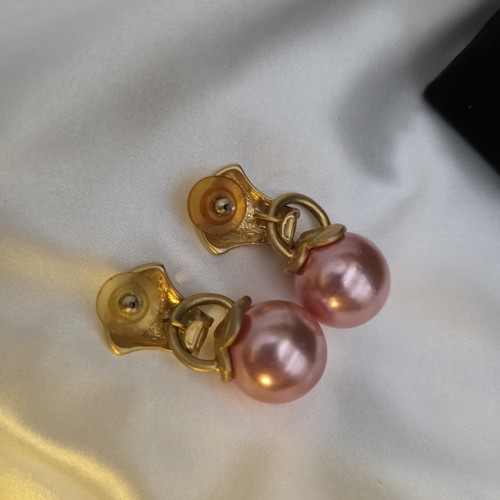 Pink Pearl Rose Gold Tone Pierced Post Dangle Drop Earrings - Picture 4 of 5