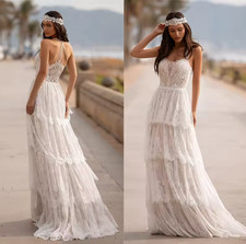 Boho Wedding Dresses Tiered Lace Spaghetti Straps Bridal Gowns Formal Occasion
