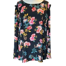 Loft Floral Ruffle Shoulder Bar Back Blouse Large Business Casual Lightweight