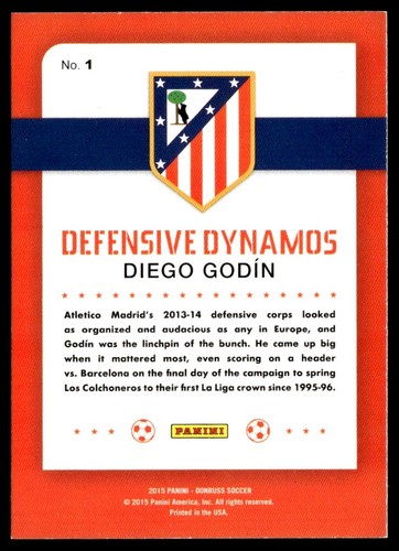 2015 Donruss Defensive Dynamos Diego Godin Atletico Madrid #1 - Picture 2 of 2