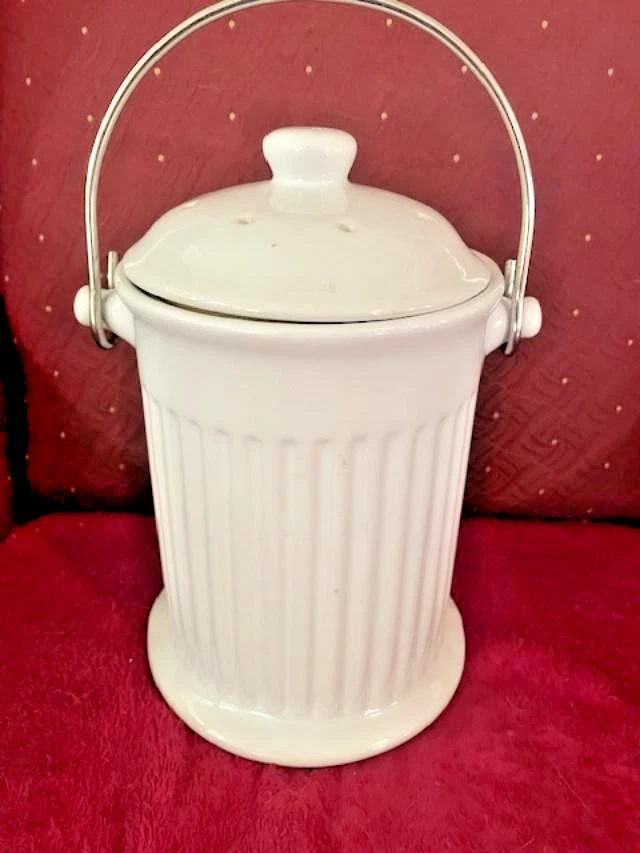 White Compost Crock Canister, Metal Handle, Ribbed Stoneware, Free Shipping