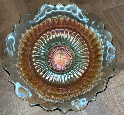 FENTON carnival glass SMOOTH RAYS 6 inch BOWL crimp fluted edge MARIGOLD