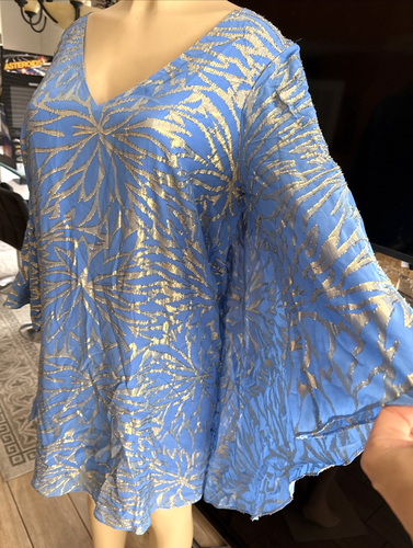 Lilly Pulitzer Miri Caftan Palm Burst Silk Blend Batwing SZ 12 Blue & Gold bb2