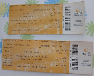 2 - U2 360 Tour Tickets 6/29/11 Sun Life Stadium Miami FL 1 Unstubbed 1 Stubbed