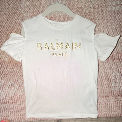 Balmain Girls White Logo Ruffle Short Sleeve Crew Neck T-Shirt Size 6A