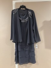 SLNY Womens 2 Piece Beaded Midi Dress Jacket Set Steel Gray 116184 Size 10 NEW