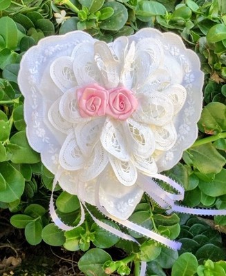 Wedding Ring Bearer Pillow White Lace Heart Cushion Pink Roses Keepsake Gift New