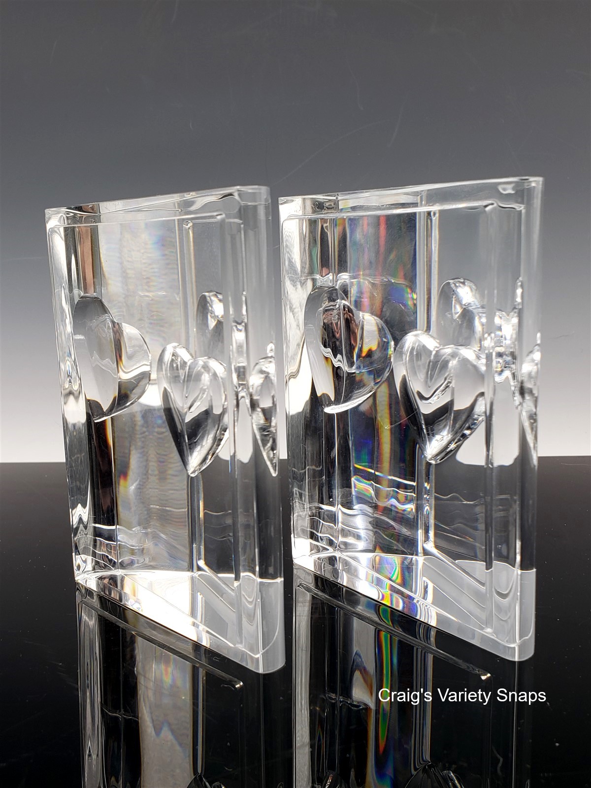 Steuben Glass Double Hearts Crystal Sculpture Bookends Paperweight Boxed USA