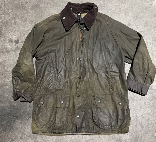 Barbour Classic Beaufort Olive Green Waxed Jacket Plaid Lined Large