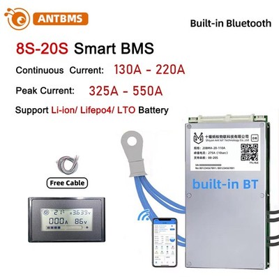 ANT BMS 8S-20S Smart BMS 130A-220A Li-ion LiFePo4 LTO Battery Bluetooth Built-in