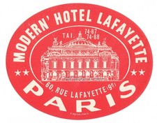x2234 Modern’ Hotel Lafayette PARIS luggage label Kofferaufkleber