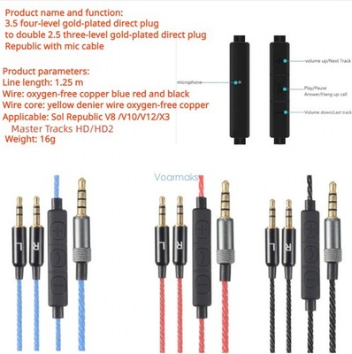 Audio Cable with Microphone for Sol Republic DIY Headphone