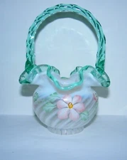 Fenton Basket Vase Meadow Beauty Spiral Rib Optic Sea Mist Green Crest Edge