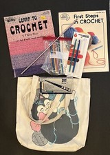 VTG Avon Kitten Yarn Small Tote Canvas Bag Hooks Instruction Books Knit-Chek