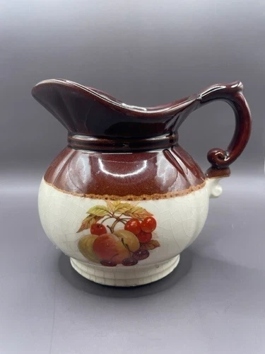Vintage McCoy USA Art Pottery Pitcher Brown & Ivory Fruit Pattern
