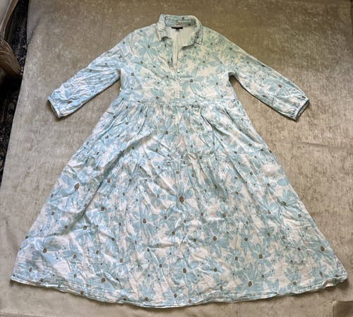 ALFANI Midi Dress linen blend Sz M Blue White Floral Peasant Lined Shirt Boho - Picture 3 of 18