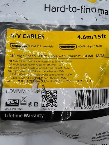 StarTech HDMIMM15HS 15ft High Speed HDMI Cable with Ethernet - HDMI - M/M - Afbeelding 3 van 4
